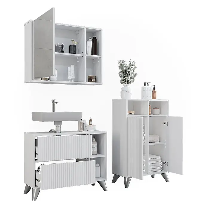 Vicco Badmöbel-Set Leano Weiß 80 cm, Set 2 - Weiß, Matt - Weißes Badmöbel-Set: Spiegelschrank, Waschtischunterschrank mit Spüle und Hochschrank, alle mit Rillenstruktur und silbernen Beinen.