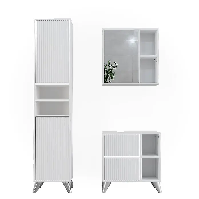Vicco Badmöbel-Set Leano Weiß 3 Teile - Weiß, Matt - Weißes Badmöbelset mit gerippten Fronten und silbernen Beinen, bestehend aus Hochschrank, Spiegelschrank und Unterschrank.