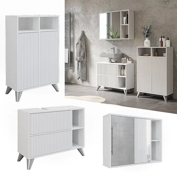 Vicco Badmöbel-Set Leano Weiß 80 cm, Set 2 - Weiß, Matt - Weißes Badmöbelset mit Lamellenstruktur, Hochschrank, Waschtisch und Spiegelschrank, in modernem Badambiente.