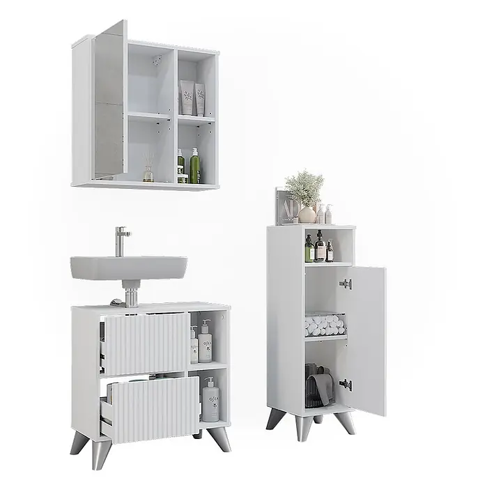 Vicco Badmöbel-Set Leano Weiß 3 Teile - Weiß, Matt - Weißes Badezimmermöbel-Set: Spiegelschrank, Waschtisch mit geriffelten Schubladen und hohem Aufbewahrungsschrank auf silbernen Beinen.