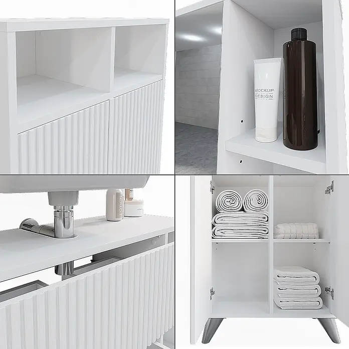 Vicco Badmöbel-Set Leano Weiß 80 cm, Set 2 - Weiß, Matt - Weißer Badezimmerschrank mit gerillten Türen, offenen Fächern und Waschbecken. Bietet Stauraum für Handtücher/Utensilien.