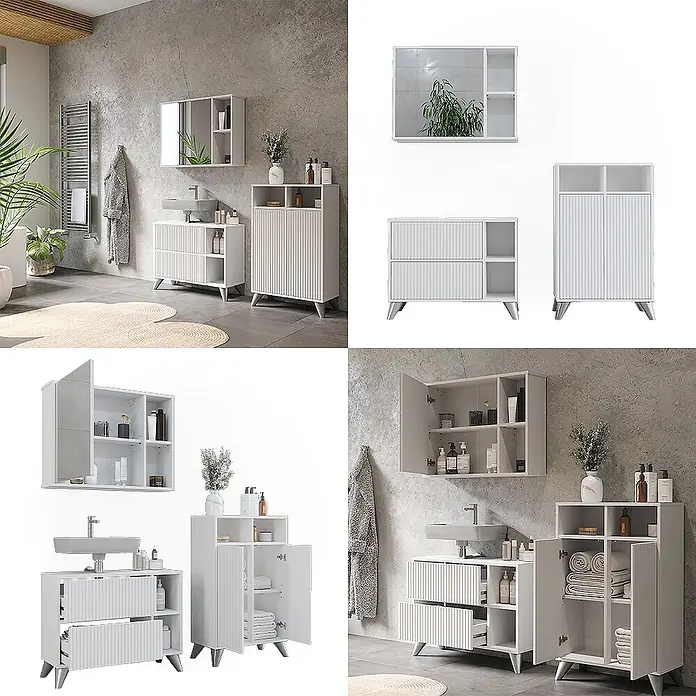 Vicco Badmöbel-Set Leano Weiß 80 cm, Set 2 - Weiß, Matt - Weißes geriffeltes Badmöbel-Set mit Waschtisch, Spiegelschrank und hohem Schrank.
