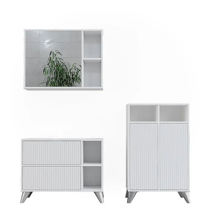 Vicco Badmöbel-Set Leano Weiß 80 cm, Set 2 - Weiß, Matt - Set aus weißen gerippten Möbeln: Wandregal mit Spiegel, niedriger Schrank und hoher Schrank, alle mit Metallbeinen.
