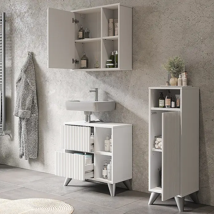 Vicco Badmöbel-Set Leano Weiß 3 Teile - Weiß, Matt - Weißes Badezimmermöbel-Set aus Holz mit Wandschrank, Waschtisch mit Waschbecken und hohem Stauraumschrank für Toilettenartikel.
