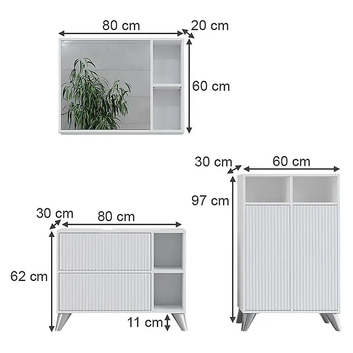 Vicco Badmöbel-Set Leano Weiß 80 cm, Set 2 - Weiß, Matt - Drei weiße Möbelstücke: ein Wandschrank, ein niedriges Sideboard und ein Hochschrank, mit geriffelten Fronten und offenen Fächern.