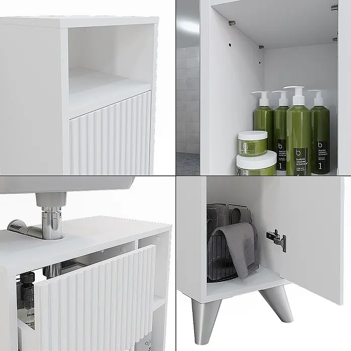 Vicco Badmöbel-Set Leano Weiß 3 Teile - Weiß, Matt - Weißer Badezimmer-Waschtischschrank mit texturierter Front, offenen und geschlossenen Fächern, und Metallbeinen.