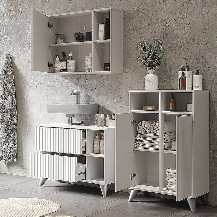 Vicco Badmöbel-Set Leano Weiß 80 cm, Set 2 - Weiß, Matt - Weißes Badezimmermöbelset: Wandschrank, Waschtisch mit Waschbecken und Hochschrank, mit gerippten Akzenten und silbernen Beinen.