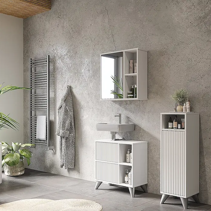 Vicco Badmöbel-Set Leano Weiß 3 Teile - Weiß, Matt - Weißer Badezimmerwaschtisch, Hochschrank und Spiegelschrank mit geriffelten Türen und konischen Beinen.