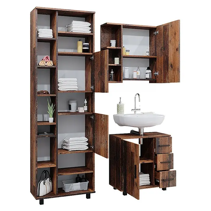 Vicco Badmöbel-Set Ilias Eiche rustikal 3 Teile, mit Unterschrank 60 cm - Gesamtbreite Badmöbel: 120 cm, Eiche rustikal, Matt - Badezimmermöbel-Set aus dunklem Holz mit Hochschrank, Wandschrank und Waschtisch mit weißem Waschbecken.