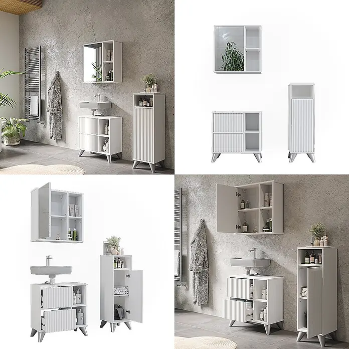 Vicco Badmöbel-Set Leano Weiß 3 Teile - Weiß, Matt - Weißes geriffeltes Badmöbel-Set: Spiegelschrank, Waschtischunterschrank und hoher Stauraumschrank.