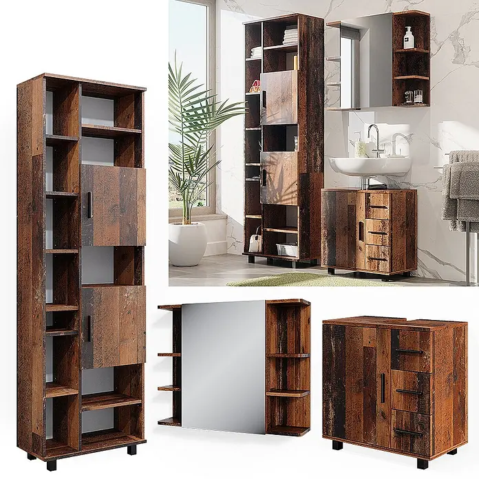 Vicco Badmöbel-Set Ilias Eiche rustikal 3 Teile, mit Unterschrank 60 cm - Gesamtbreite Badmöbel: 120 cm, Eiche rustikal, Matt - Rostbraunes Badmöbel-Set im Used-Look mit hohem Schrank, Spiegelschrank und Waschbeckenunterschrank, in einem modernen Bad gezeigt.