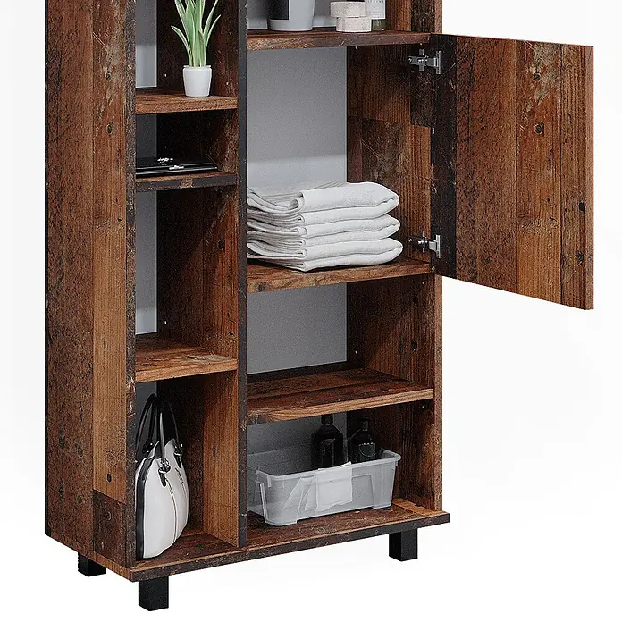 Vicco Badmöbel-Set Ilias Eiche rustikal 3 Teile, mit Unterschrank 60 cm - Gesamtbreite Badmöbel: 120 cm, Eiche rustikal, Matt - Rustikaler brauner Holzschrank mit mehreren offenen Fächern und einer geöffneten Tür, die weiteren Stauraum zeigt. Enthält Handtücher, Pflanze, Handtasche und Flaschen.