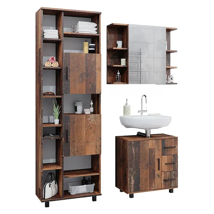 Vicco Badmöbel-Set Ilias Eiche rustikal 3 Teile, mit Unterschrank 60 cm - Gesamtbreite Badmöbel: 120 cm, Eiche rustikal, Matt - Badezimmermöbel-Set in dunkler Holzoptik. Mit Hochschrank, Spiegelschrank und Waschtischunterschrank.