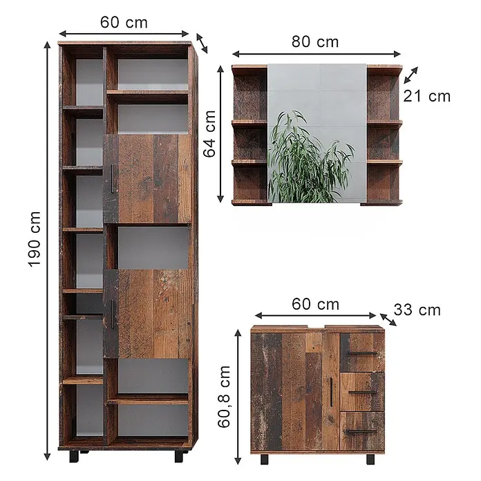 Vicco Badmöbel-Set Ilias Eiche rustikal 3 Teile, mit Unterschrank 60 cm - Gesamtbreite Badmöbel: 120 cm, Eiche rustikal, Matt - Möbelset im rustikalen dunklen Holz-Look: hohes Regal, Spiegelschrank und niedriger Aufbewahrungsschrank mit Schubladen.