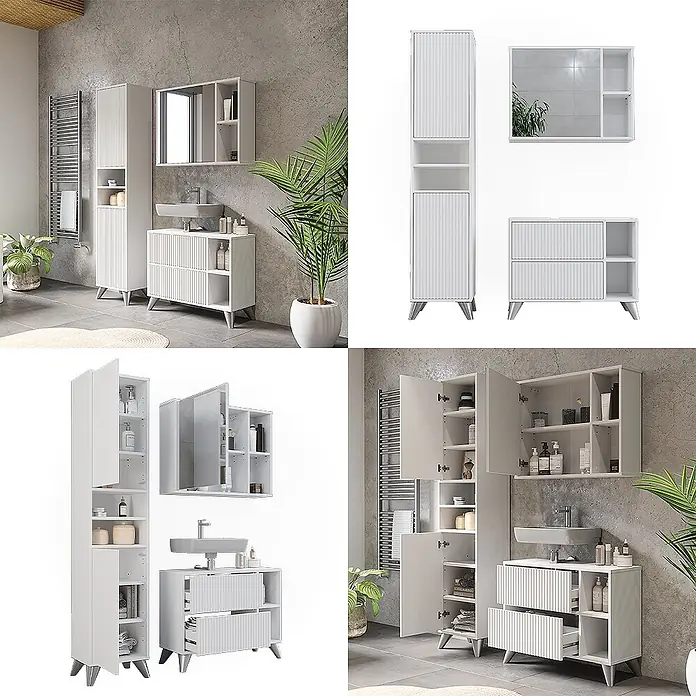 Vicco Badmöbel-Set Leano Weiß 80 cm, Set 3 - Weiß, Matt - Weißes geriffeltes Badmöbel-Set mit Hochschrank, Waschtisch mit Waschbecken und Spiegelschrank, auf schrägen Füßen.