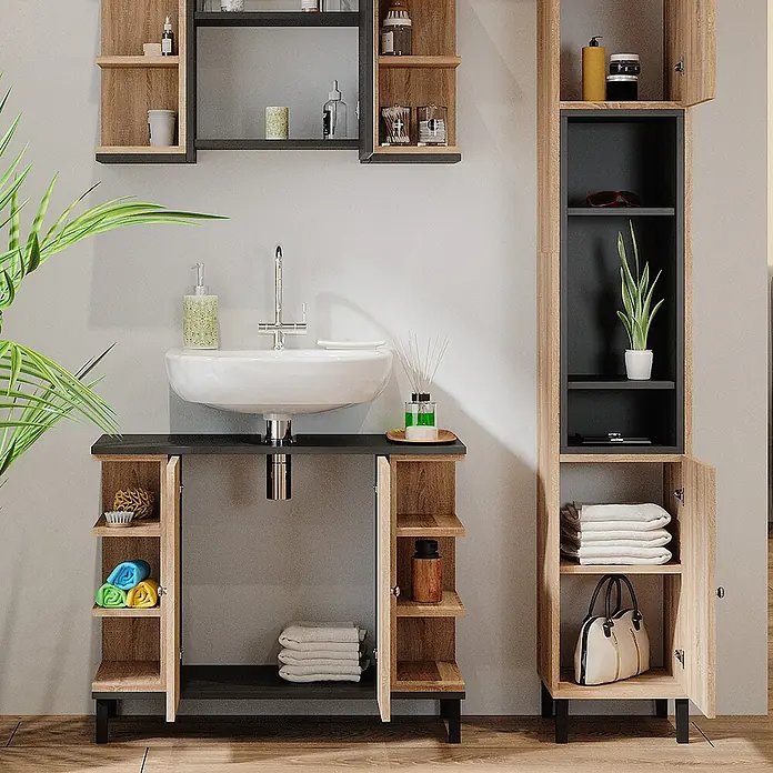 Vicco Badmöbel-Set Aquis Sonoma 3 Teile, mit Hochschrank - Gesamtbreite Badmöbel: 106,9 cm, Sonoma, Matt - Badezimmermöbel-Set in Holzoptik und Dunkelgrau, bestehend aus Waschbeckenunterschrank, Hochschrank und Wandregalen.