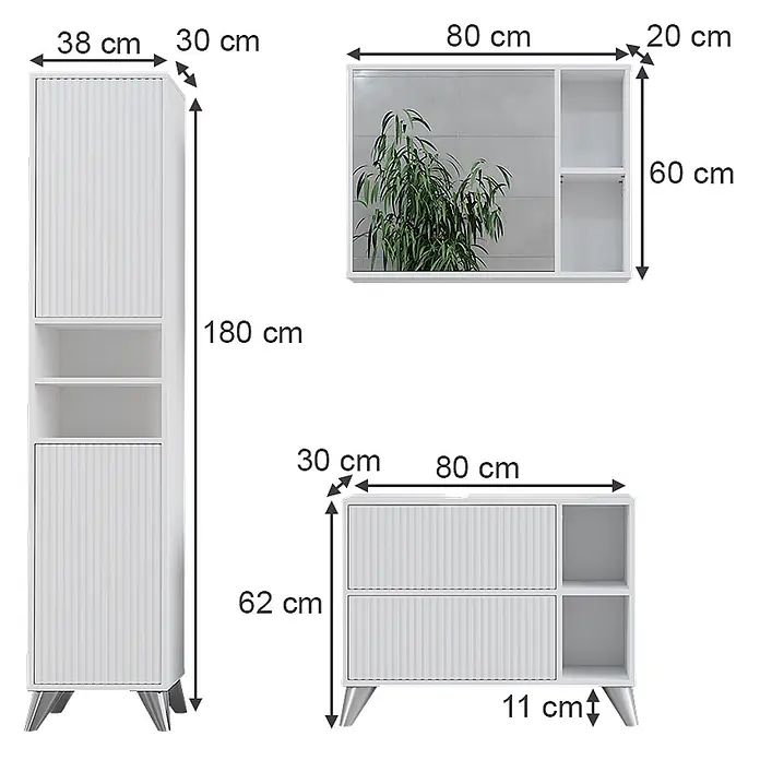 Vicco Badmöbel-Set Leano Weiß 80 cm, Set 3 - Weiß, Matt - Weißes Modulmöbelset mit Rillen: Hochschrank, Wandspiegel mit Regalen und niedriges Sideboard.