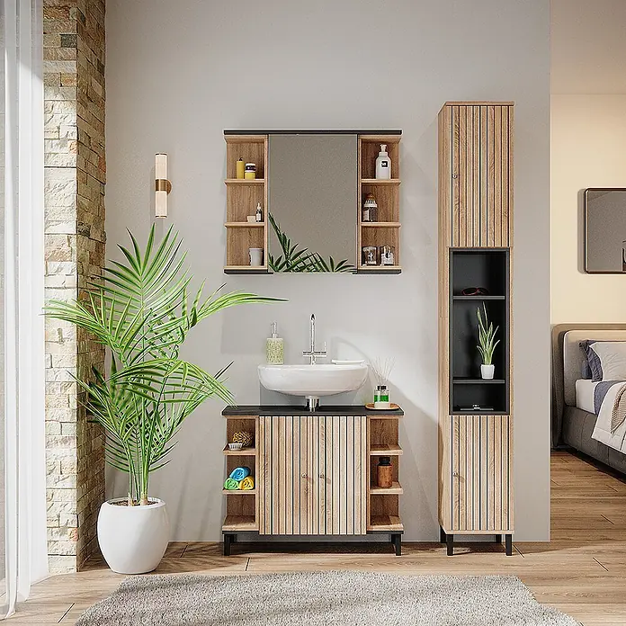 Vicco Badmöbel-Set Aquis Sonoma 3 Teile, mit Hochschrank - Gesamtbreite Badmöbel: 106,9 cm, Sonoma, Matt - Modernes Badmöbelset aus hellem Holz mit Lamellenoptik und schwarzen Akzenten, bestehend aus Waschtisch-, Spiegel- und Hochschrank.