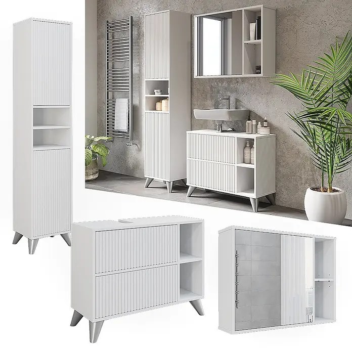Vicco Badmöbel-Set Leano Weiß 80 cm, Set 3 - Weiß, Matt - Weißes Badmöbel-Set mit geriffelten Fronten und konischen grauen Beinen, bestehend aus Hochschrank, Waschtischunterschrank und Spiegelschrank.