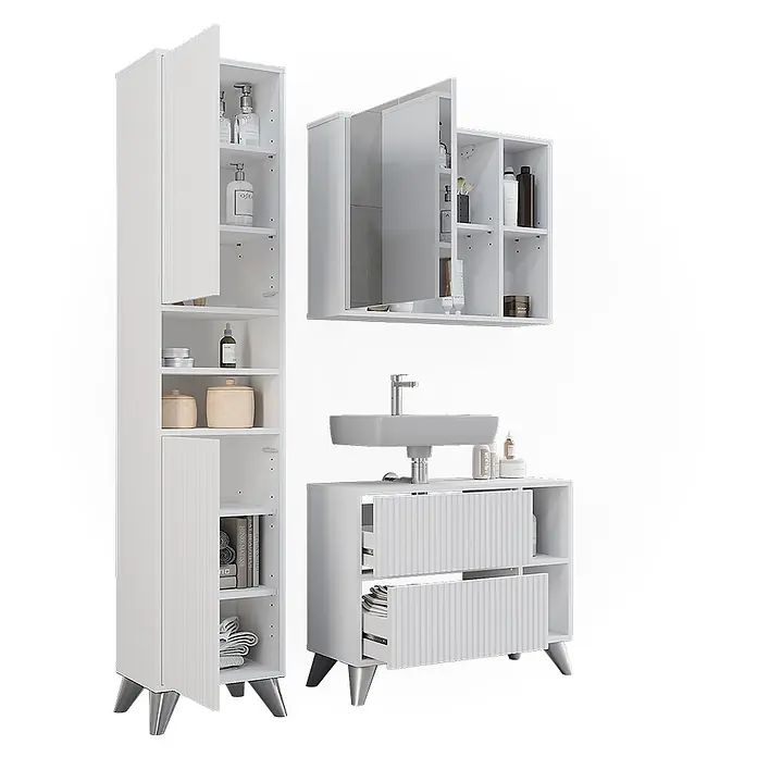 Vicco Badmöbel-Set Leano Weiß 80 cm, Set 3 - Weiß, Matt - Weißes Badmöbelset: Hochschrank, Spiegelschrank und Waschtisch mit Waschbecken und gerippten Schubladen/Türen, auf Metallfüßen.