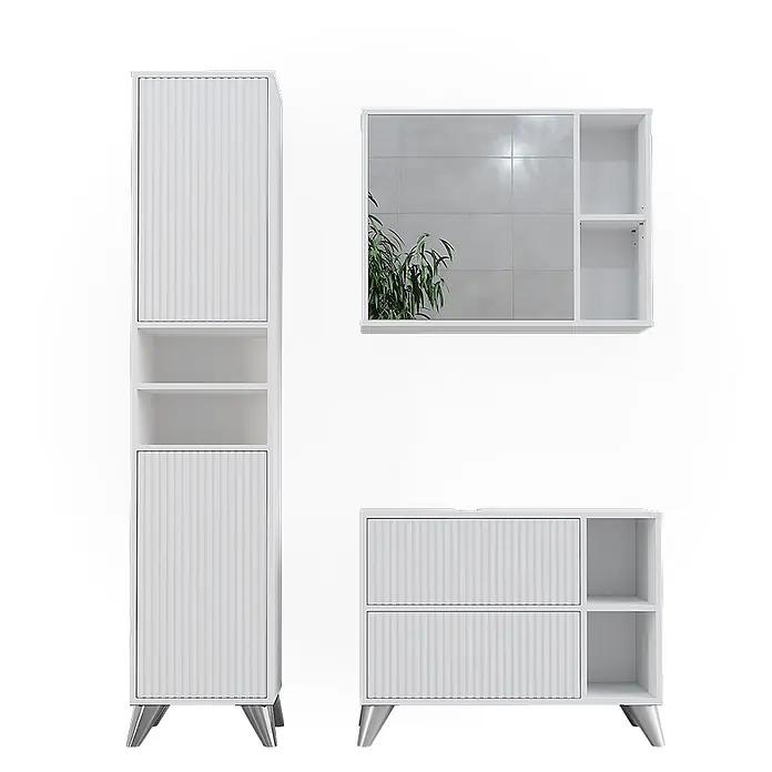 Vicco Badmöbel-Set Leano Weiß 80 cm, Set 3 - Weiß, Matt - Weißes Badmöbel-Set mit gerippten Türen: ein Hochschrank, ein Spiegelschrank und ein Waschtischunterschrank mit silbernen Beinen.