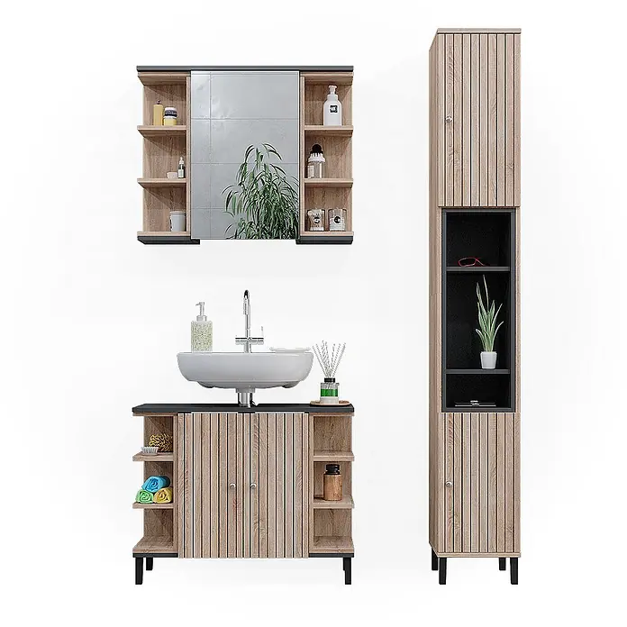 Vicco Badmöbel-Set Aquis Sonoma 3 Teile, mit Hochschrank - Gesamtbreite Badmöbel: 106,9 cm, Sonoma, Matt - Modernes Badmöbelset aus hellem Holz mit schwarzen Akzenten, bestehend aus Waschtischunterschrank, Spiegelschrank und Hochschrank.