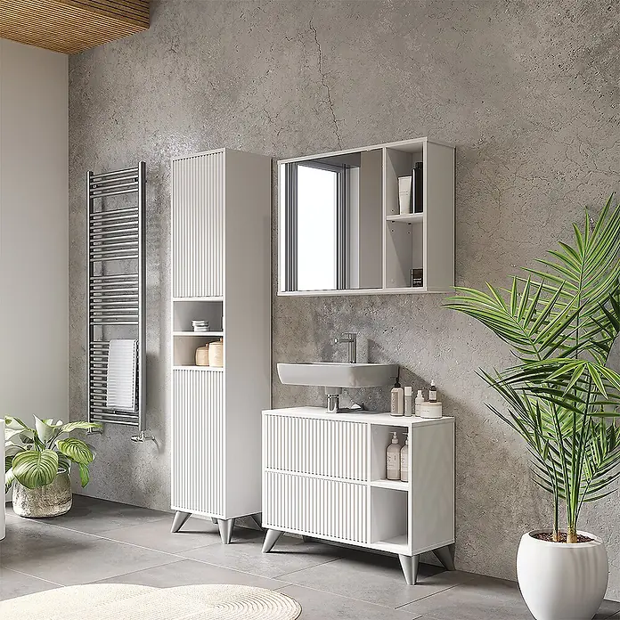Vicco Badmöbel-Set Leano Weiß 80 cm, Set 3 - Weiß, Matt - Weißes geripptes Badezimmermöbel-Set mit Hochschrank, Spiegelschrank und Waschtischunterschrank in modernem Badambiente.