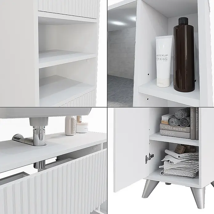 Vicco Badmöbel-Set Leano Weiß 80 cm, Set 3 - Weiß, Matt - Weißer geriffelter Badezimmerschrank mit offenen Regalen, Spiegeltür und Unterschrank mit Beinen, mit Waschbecken und Toilettenartikeln.