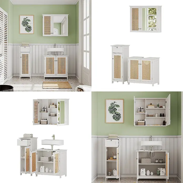 Vicco Badmöbel-Set Rosario Weiß 3 teilig - Gesamtbreite Badmöbel: 92 cm, Weiß, Matt - Weißes Badmöbelset mit Rattan-Akzenten: Spiegelschrank, Hochschrank und Waschtischunterschrank.