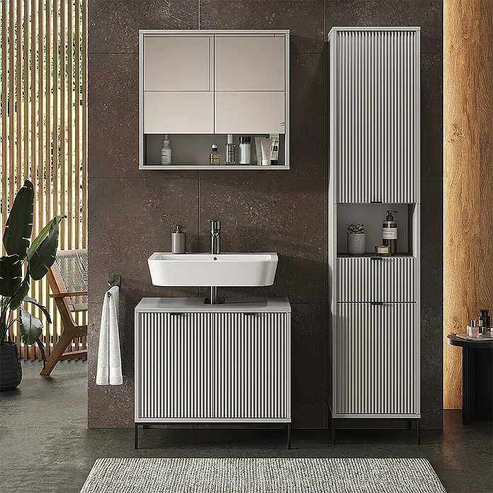 Vicco Badmöbel-Set Eliza Grau 3 Teile, mit Hochschrank - Gesamtbreite Badmöbel: 110 cm, Grau, Matt - Hellgrauer gerippter Badwaschtisch mit Waschbecken, passendem Spiegelschrank und Hochschrank.