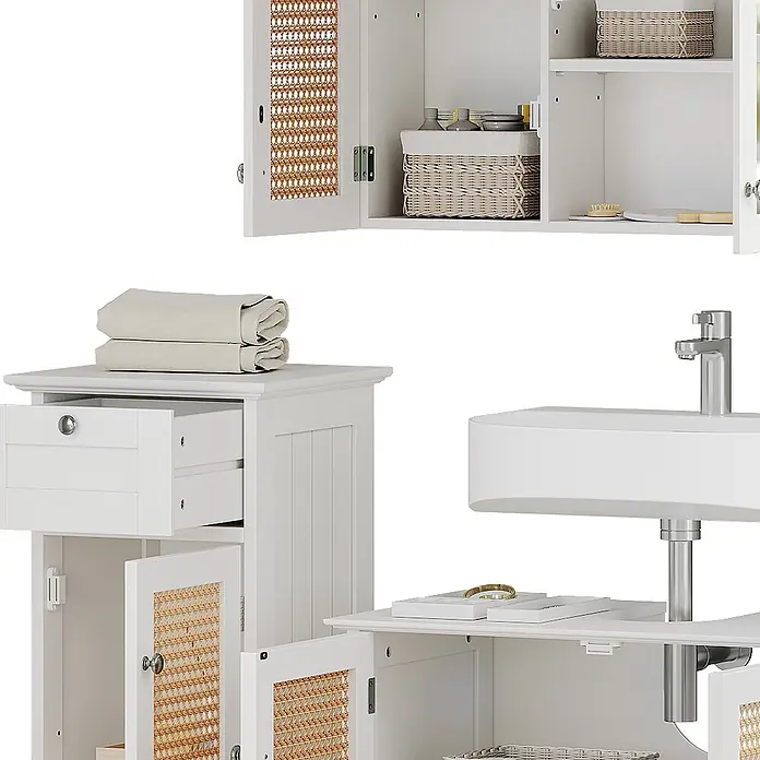 Vicco Badmöbel-Set Rosario Weiß 3 teilig - Gesamtbreite Badmöbel: 92 cm, Weiß, Matt - Weißes Badezimmerschrank-Set mit Rattan-Details, bestehend aus Wandschrank, Bodenschrank und Waschtisch.