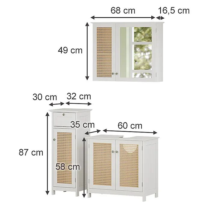 Vicco Badmöbel-Set Rosario Weiß 3 teilig - Gesamtbreite Badmöbel: 92 cm, Weiß, Matt - Drei weiße Badschränke mit Wiener Geflechtfronten: ein Wandschrank, ein Hochschrank und ein Waschbeckenunterschrank.
