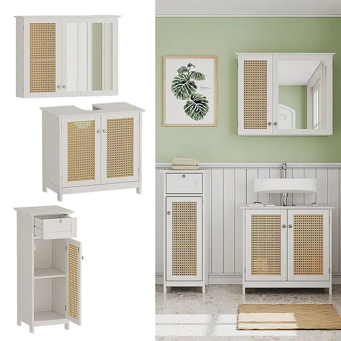 Vicco Badmöbel-Set Rosario Weiß 3 teilig - Gesamtbreite Badmöbel: 92 cm, Weiß, Matt - Set weißer Badezimmerschränke mit Rattantüren, bestehend aus Spiegelschrank, Waschtischunterschrank und hohem Schrank in einer Badezimmereinrichtung.