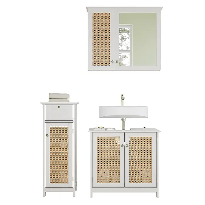 Vicco Badmöbel-Set Rosario Weiß 3 teilig - Gesamtbreite Badmöbel: 92 cm, Weiß, Matt - Weißes Badezimmermöbelset mit Rattan-Details, bestehend aus Spiegelschrank, Waschtisch mit Waschbecken und hohem Aufbewahrungsschrank.