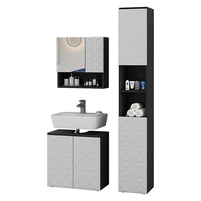 Vicco Badmöbel-Set Edge Schwarz 3 Teile, mit Hochschrank - Gesamtbreite Badmöbel: 90 cm, Schwarz, Matt - Modernes Badmöbelset: schwarze Schränke mit weißen 3D-Geometriemustertüren, inklusive Waschtisch, Spiegelschrank und Hochschrank.