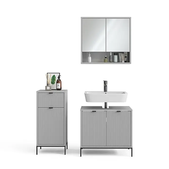 Vicco Badmöbel-Set Eliza Grau 3 Teile - Gesamtbreite Badmöbel: 110 cm, Grau, Matt - Modernes geripptes Badmöbelset in Grau mit weißem Waschbecken, passendem Beistellschrank und Spiegelschrank.