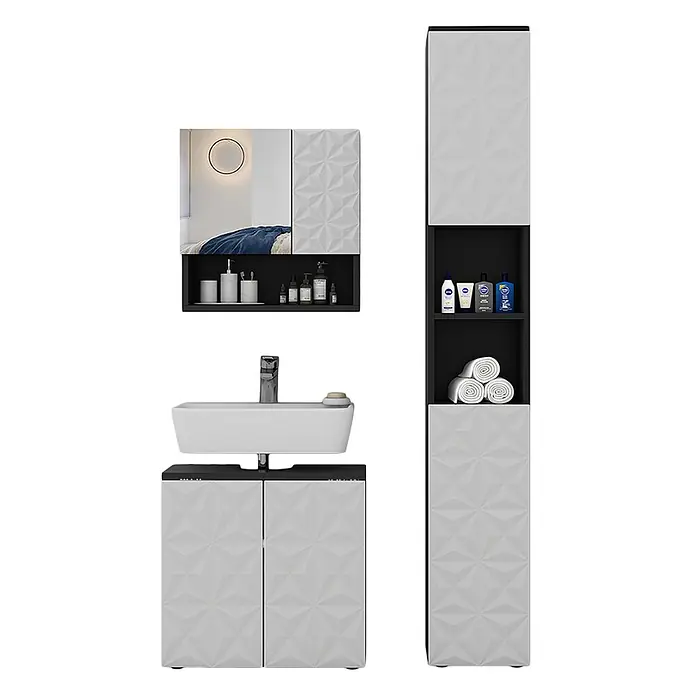 Vicco Badmöbel-Set Edge Schwarz 3 Teile, mit Hochschrank - Gesamtbreite Badmöbel: 90 cm, Schwarz, Matt - Modernes Badmöbel-Set: Spiegelschrank, Waschbeckenunterschrank und Hochschrank mit weißen, facettierten Türen und schwarzen Akzenten.