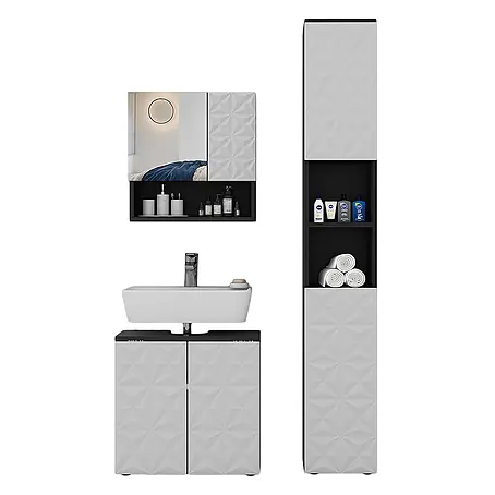 Vicco  Badmöbel-Set Edge Schwarz 3 Teile, mit Hochschrank
