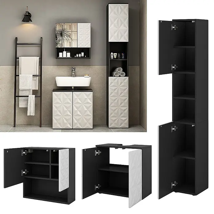 Vicco Badmöbel-Set Edge Schwarz 3 Teile, mit Hochschrank - Gesamtbreite Badmöbel: 90 cm, Schwarz, Matt - Schwarz-weißes Badmöbelset mit geometrisch strukturierten Türen, inklusive Waschtischunterschrank, Hochschrank und Spiegelschrank.