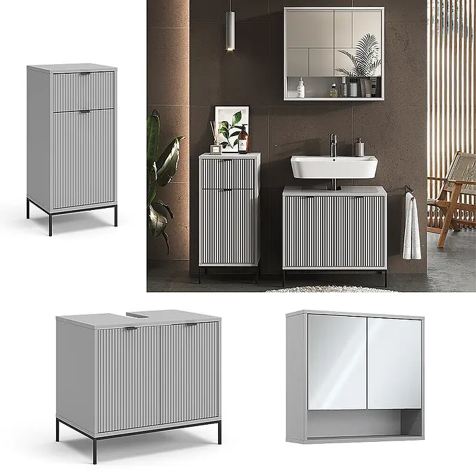 Vicco Badmöbel-Set Eliza Grau 3 Teile - Gesamtbreite Badmöbel: 110 cm, Grau, Matt - Ein Set moderner hellgrauer Badmöbel mit geriffelten Fronten, bestehend aus Hochschrank, Waschtischunterschrank mit Waschbecken und Spiegelschrank.