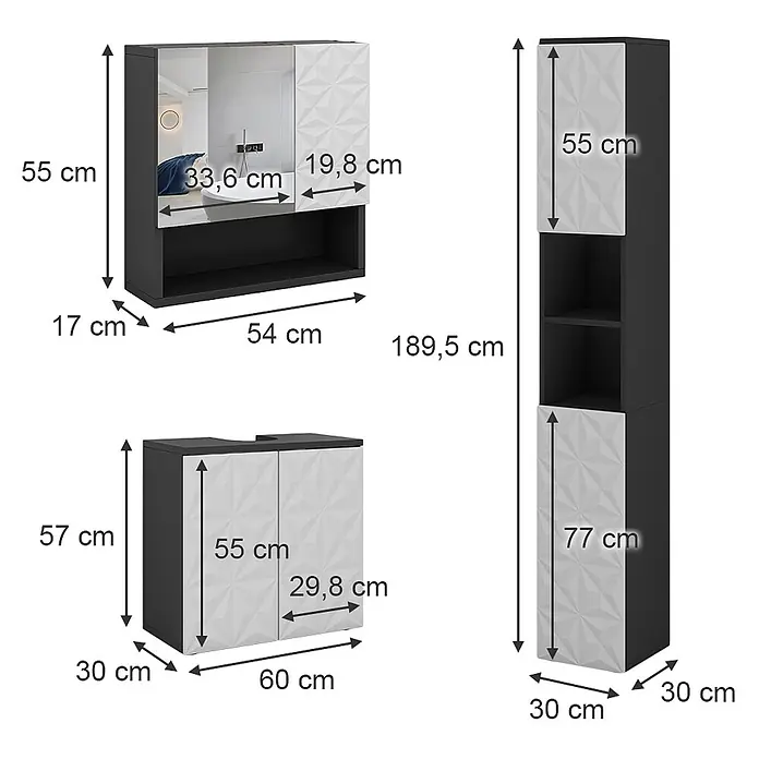 Vicco Badmöbel-Set Edge Schwarz 3 Teile, mit Hochschrank - Gesamtbreite Badmöbel: 90 cm, Schwarz, Matt - Schwarz-weißes Badezimmermöbel-Set mit Spiegelschrank, Waschtischunterschrank und Hochschrank, inklusive Maßen.