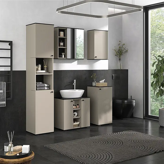 Vicco Badmöbel-Set Joli Greige 5 Teile - Greige, Matt - Modernes beiges Badmöbelset mit Waschtisch, Hochschränken und Waschbecken in einem modernen Badezimmer.