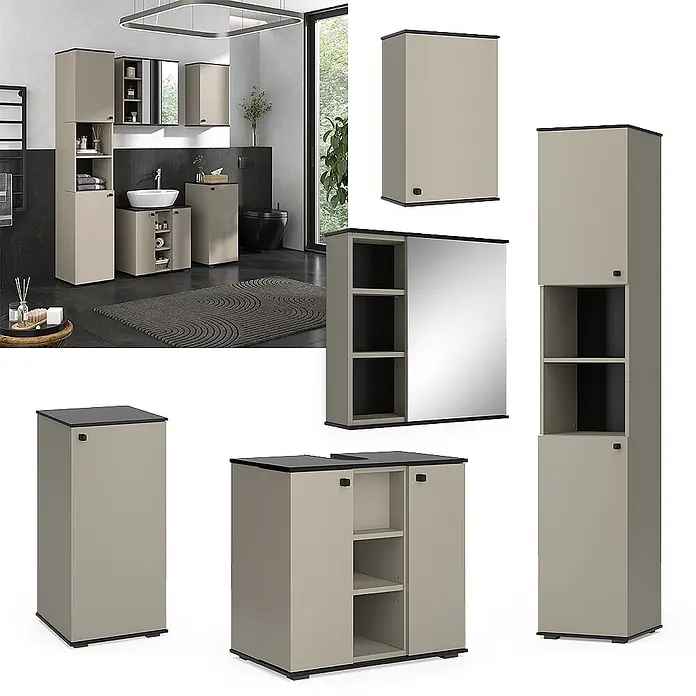 Vicco Badmöbel-Set Joli Greige 5 Teile - Greige, Matt - Modulares beiges Badmöbel-Set mit dunklen Akzenten, inkl. Waschtisch-, Hoch- und Wandschränken.