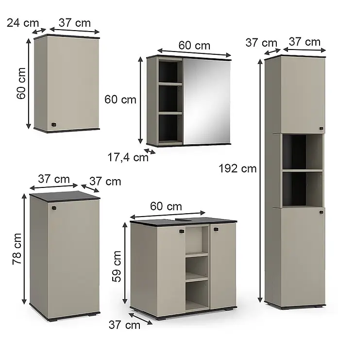 Vicco Badmöbel-Set Joli Greige 5 Teile - Greige, Matt - Modulares Badmöbelset in Beige mit Schränken und Spiegel.