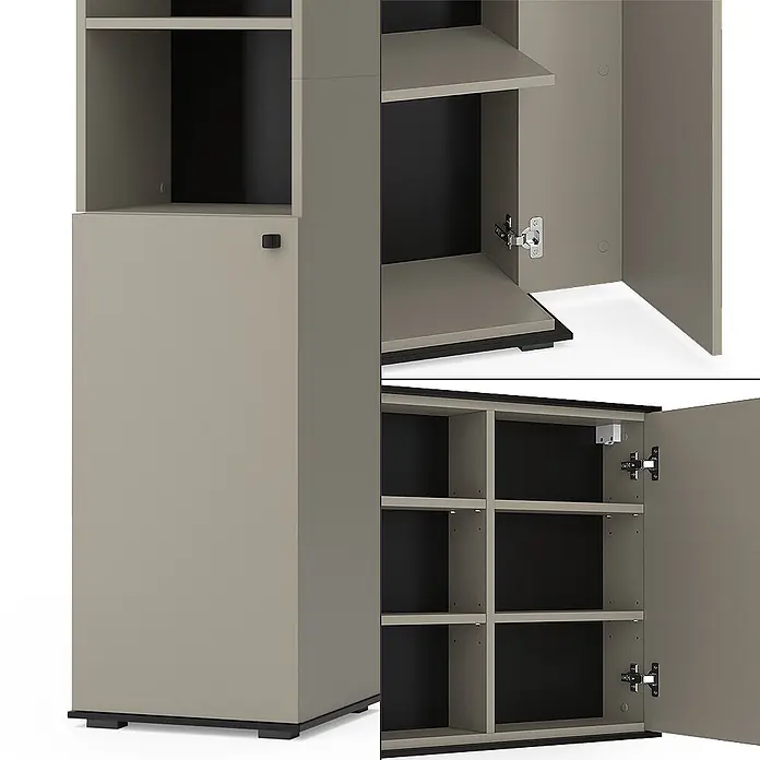 Vicco Badmöbel-Set Joli Greige 5 Teile - Greige, Matt - Beiges modulares Aufbewahrungselement mit dunklen Innenräumen, offenen Regalfächern und Schranktüren mit Scharnieren.