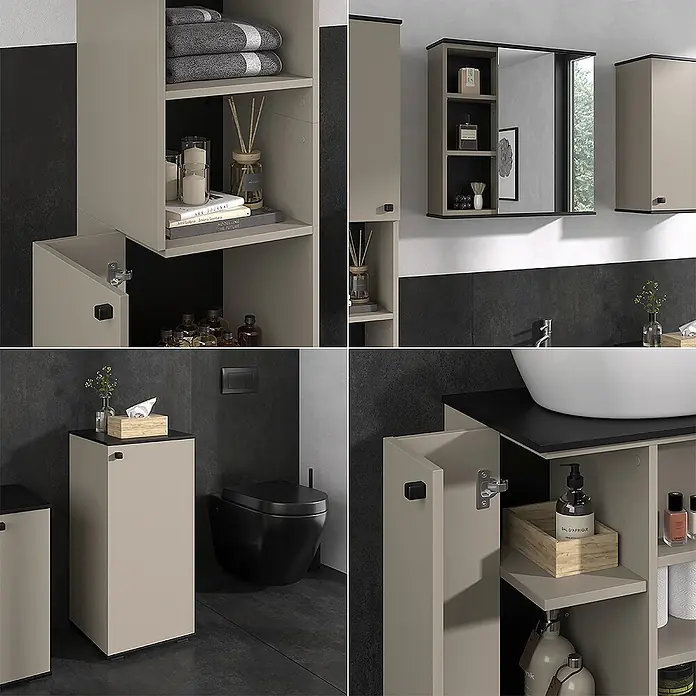 Vicco Badmöbel-Set Joli Greige 5 Teile - Greige, Matt - Moderne beige Badezimmerschränke mit schwarzen Akzenten in einer Badezimmerumgebung, die vielseitige Aufbewahrungslösungen bieten.