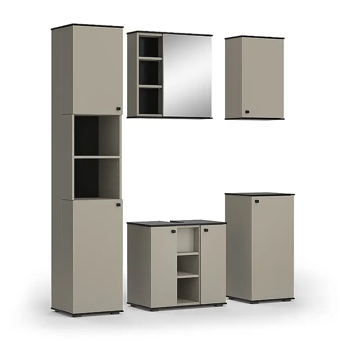 Vicco Badmöbel-Set Joli Greige 5 Teile - Greige, Matt - Modulares Badezimmerschrank-Set in Hellbeige mit schwarzen Akzenten, inklusive Spiegel- und Offenregal.