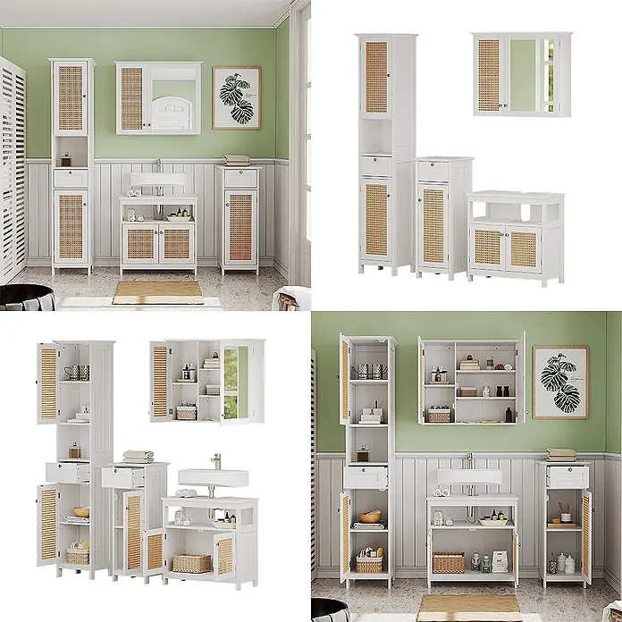 Vicco Badmöbel-Set Rosario Weiß 4 Teile, mit Hochschrank - Gesamtbreite Badmöbel: 124 cm, Weiß, Matt - Weißes Badezimmermöbel-Set mit Rattan-Türen, bestehend aus Hochschrank, Spiegelschrank und Waschtischunterschrank.