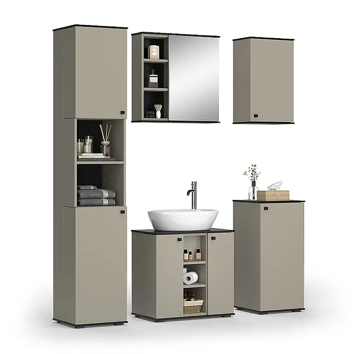 Vicco Badmöbel-Set Joli Greige 5 Teile - Greige, Matt - Beiges Badmöbel-Set mit schwarzen Akzenten: Hochschrank, Waschtisch mit Waschbecken, Spiegel und Wandschränke.