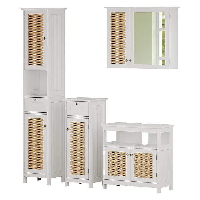 Vicco Badmöbel-Set Rosario Weiß 4 Teile, mit Hochschrank - Gesamtbreite Badmöbel: 124 cm, Weiß, Matt - Weiße Badschränke mit Rohrgeflecht: Hoch-, Wandspiegel-, Waschbecken- und Beistellschränke.